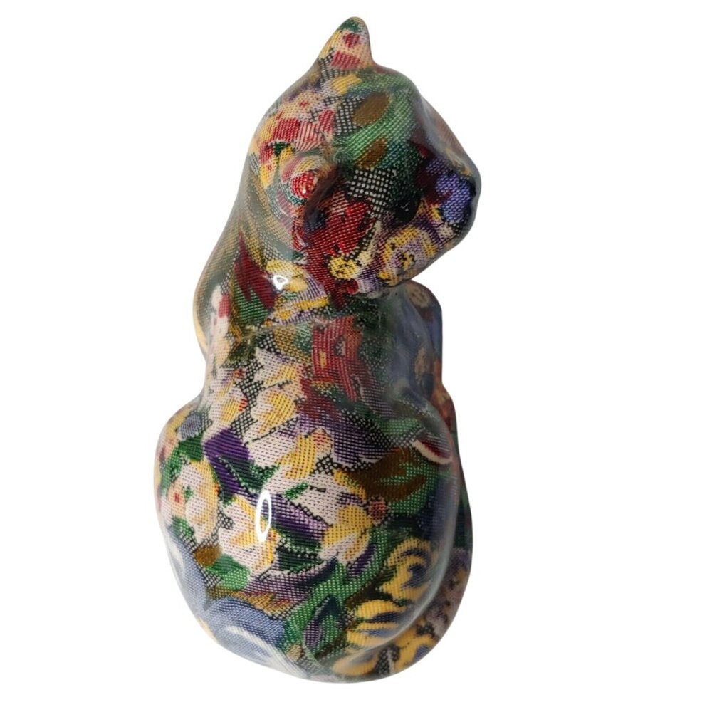 Chintz Calico Cat Floral Figurine Fabric Covered Cat Ceramic Maroon Blue Yellow - Picture 3 of 7